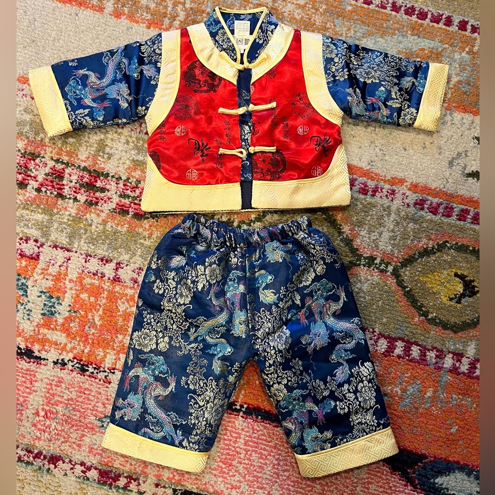 Chinese Traditional Embroidered Red with Gold Suit Outfit Toddler Size Small 12M
